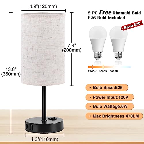 ZJOJO Table Lamp for Bedroom Set of 2, Bedside Small Lamps with 3 Way Dimmable Rocker Switch and AC Outlet, Nightstand Desk Lamp with Flaxen Fabric Shade Black Base for Living Room Home Decor Lights