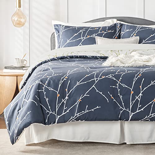 Bedsure Twin Comforter Sets - Bed in a Bag Full 7 Pieces Reversible Navy Blue Flroal Bed Set Tree Branch Pattern Printed with Comforters, Sheets, Pillowcase & Sham