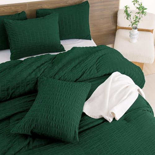 Andency Dark Green Comforter Set Queen (90x90 Inch), 3 Pieces Emerald Seersucker Comforter Set, Forest Hunter Green Microfiber Summer Lightweight Down Alternative Bedding Set