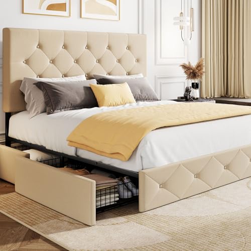SHA CERLIN Upholstered King Size Platform Bed Frame with 4 Storage Drawers, Adjustable Headboard with Diamond Stitched Button Tufted Design, Wooden Slat Support, No Box Spring Needed, Black