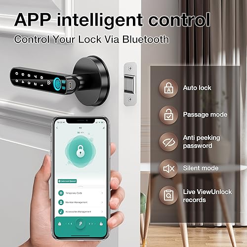 Fingerprint Door Lock- Smart Door knob,biometric Door Lock，with passcode keypad keyless Entry Door Handle，for Bedroom Home Hotel Office Apartment (Black with APP)