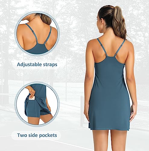 Leovqn Tennis Dress for Women Workout Athletic Dress with Built-in Bra & Shorts Exercise Dress for Golf Dress with Pockets - Indigo XXL