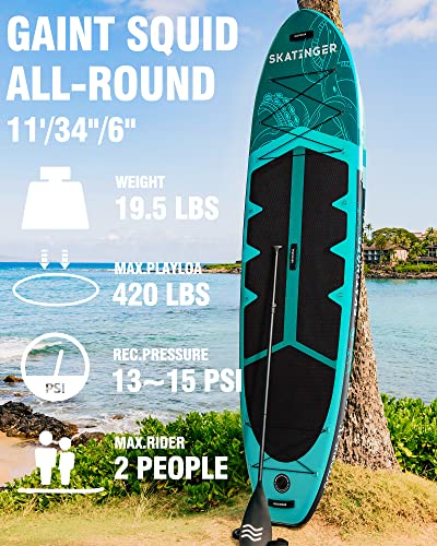 Skatinger 11'x34'' Extra Wide Inflatable Paddle Board, Up to 420lbsPaddle Boards for Adults, Stable Stand Up Paddle Board, 2 People/Family, Wide&Stable, Floating Paddle, Shoulder Strap, US Fin