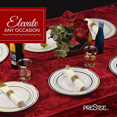 Prestee 350 Pc Disposable Dinnerware Set for 50 Guests - Gold - Reusable Party Supplies Set incl. 50 of Dinner Plates, Salad Plates, Knives, Forks, Spoons and Cups, Wedding Reception Supplies