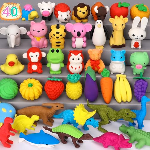 Arscniek 40 Pack Pencil Erasers for Kids Bulk Toys, Puzzle Animal Erasers 3D Mini Erasers Take Apart Food Erasers, Party Favors Desk Pets Classroom Prizes Treasure Box Stocking Stuffers for Kids