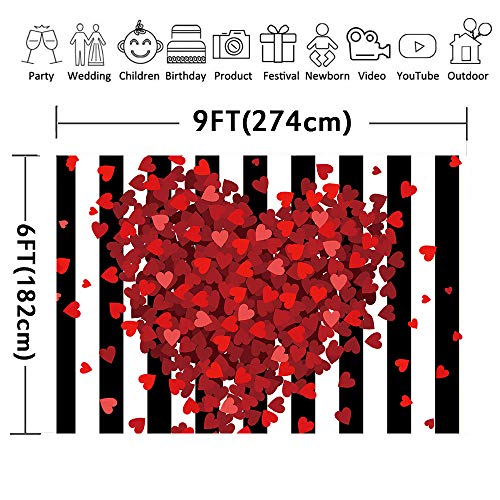 Red Hearts Backdrop for Wedding Anniversary, 9x6FT, Black White Striped Background,Romantic Patry Banner Photo Booth Props HXLU083