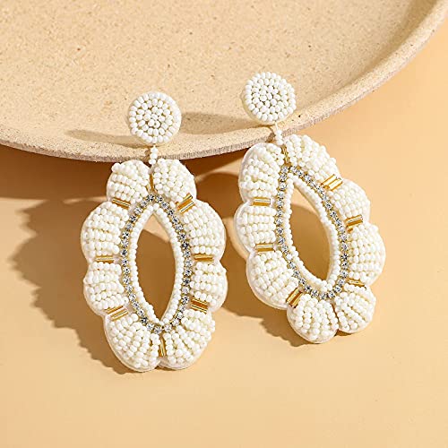 Fashion Cute DIY Handmade Beaded Statement Dangle Earrings for Women, Funny Elements for Multicolored Flower, Lightweight Heart, Water droplets and Green Leaf(Flower (Cream))