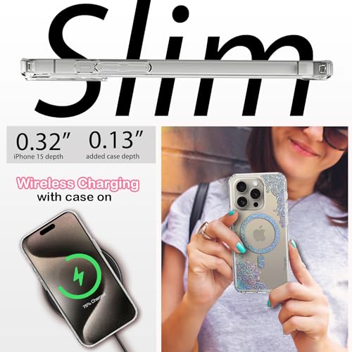 Coolwee Clear Glitter for iPhone 15 Pro Case Magnetic, Compatible with MagSafe, Thin Flower Slim Cute Crystal Lace Bling Women Girls Floral Hard Back Soft TPU Bumper Protective Cover Mandala Henna