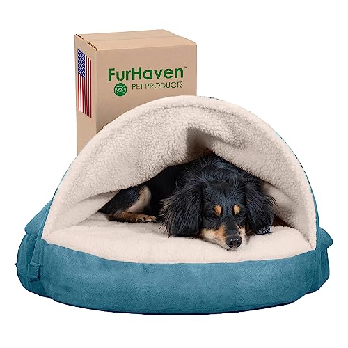 Furhaven 35" Round Orthopedic Dog Bed for Large/Medium Dogs w/ Removable Washable Cover, For Dogs Up to 50 lbs - Sherpa & Suede Snuggery - Blue, 35-inch