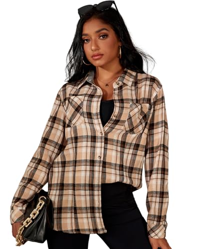 Deer Lady Plaid Flannel Shirts for Women Buffalo Plaid Shirts Oversized Long Sleeve Casual Button Down Blouse Top Brown M 0621