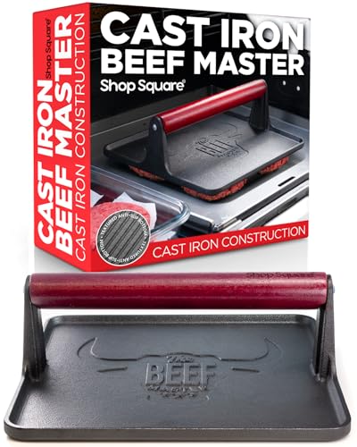 Cast Iron Grill Press - 8 x 4 Inch, 2.6 lb Griddle Press with Cool-Touch Wood Handle - Pre-seasoned for Steak, Burgers, Sandwiches, and Paninis – Non-Stick Grill Weight