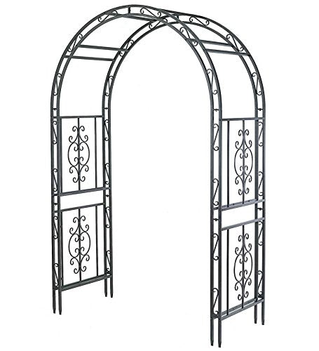 Plow & Hearth Arch Metal Outdoor Garden Arbor | Montebello | 84-in (H) x 53-in (W) x 23-in (D) | Black | Iron Trellis Lattice for Climbing Plants | Wedding | Outdoor Patio Décor