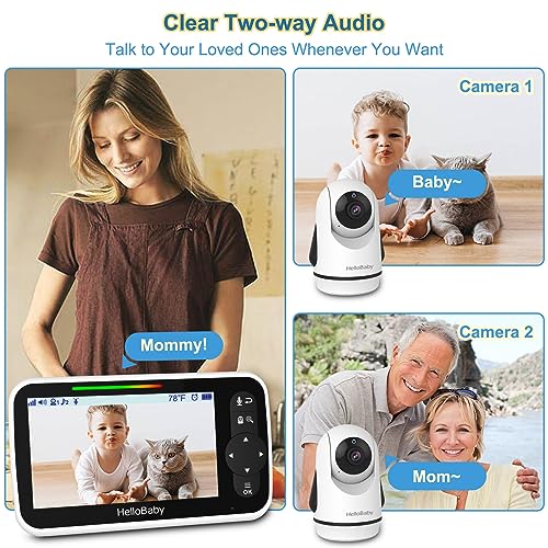 HelloBaby Video Baby Monitor with 2 Cameras and 5 Inch Split Screen Display, Remote Control Cameras with Night Vision and Temprature Monitoring