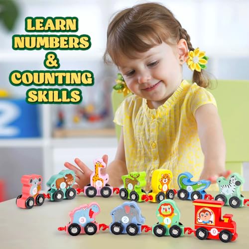 EDUJOY Toddler Toys for 2-3 Year Old Boy, Wooden Animal Train Set, Montessori Toys for 2 3 Year Old Boy Christmas Birthday Gifts, Learning Toys for Toddlers 2-4 Years Girl Toys Age 2 3