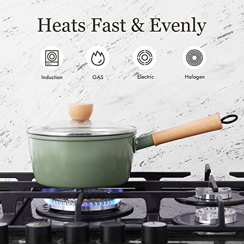 ROCKURWOK Ceramic Nonstick Sauce Pan with Lid, 1.5 Qt Small Pots for Cooking, Small Pot Wooden Handle for Cool Touch, Non Toxic & Pfas-Free Saucepan, Universal Base(Gas, Electric & Induction), Green