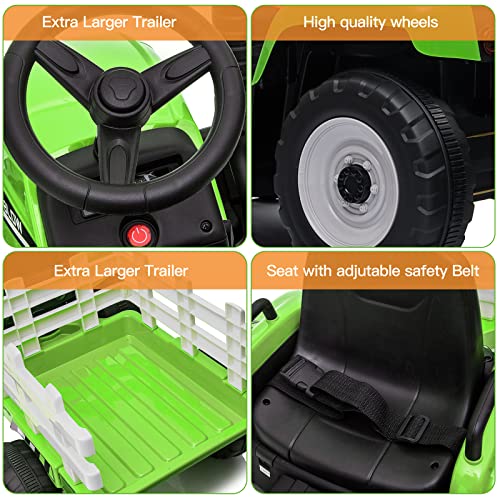 SEHOMY Kids Ride on Tractor with Trailer and 25W Dual Motors, 12V Battery Powered Electric Kids Car Vehicle Toys with Remote, 3-Gear-Shift, Music, LED Lights,USB, Power Wheels for Boys Green