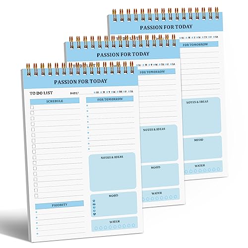 NPET Daily Planner Notepad, 52 Sheets Tear Off To Do List Notebook for Productivity, A5 Size of Spiral Undated Planner and Organizer for Work, Study (Set of 3 Blue)