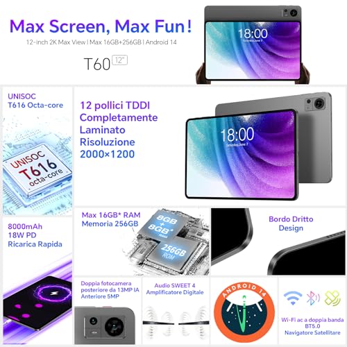 TECLAST Tablet 12 inch Android 14 Tablets, T60 with 256GB Storage(Expand to 1TB), Unisoc T616 CPU, 8000mAh +18W PD Fast Charger, 4 Speakers, 5G WiFi+4G LTE, Dual 13MP Camera,GPS