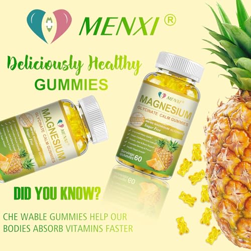 Magnesium Glycinate Gummies 400mg, Sugar Free Magnesium Taurate, Magnesium Malate Supplement with Vitamin D, B6, CoQ10 for Relaxation, Stress Relief, Muscle, Bone & Sleep Support- 60 Pineapple Gummies