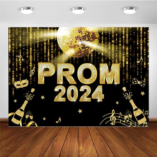 Avezano Prom 2024 Backdrop Black and Gold Graduation Prom Party Decorations Glitter 2024 Prom Banner for Graduation Background Decor (5x3ft)