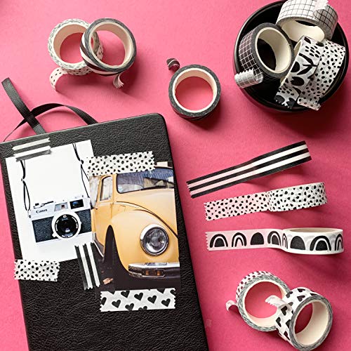 Washi Tape Set of 12 Rolls of 15 mm Wide Washy Tape Cute Decorative Tape for Journaling, Scrapbooking, Crafts, Bullet Journals, Planners, DIY Decor & Craft Supplies For Adults & Kids (Black and White)