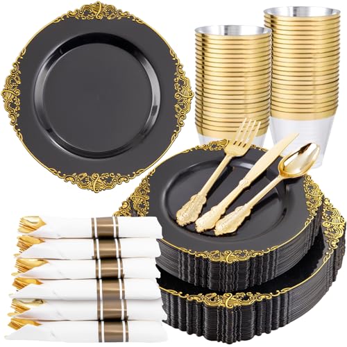 Nervure 175PCS Blue and Gold Plastic Plates & Pre Rolled Napkins with Plastic Cutlery for 25 Guests Gold Disposable Plates 75 Gold Plastic Silverware, 25Cups, 25Napkins for Wedding & Party