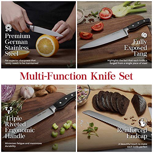 7-Piece Premium Black Kitchen Knife Set with Knife Block & Dual Knife Sharpener | Master Maison German Stainless Steel Knives | Professional Butcher Block Knife Set For Kitchen | Chef Knife Sets