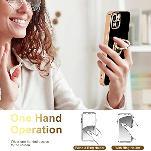 Urarssa for iPhone 15 Case with Stand 360° Rotatable Ring Holder Magnetic [with 2 Screen Protector] Kickstand Gold Plating for Women Men Shockproof Protective Phone Case Cover for iPhone 15, Black