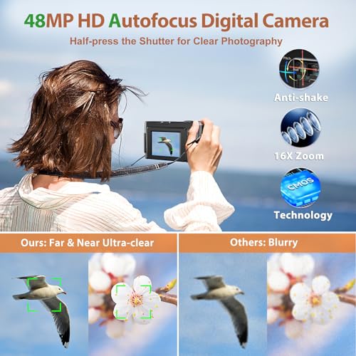 4K Digital Camera for Photography and Video, 48MP Vlogging Camera with SD Card Autofocus Anti-Shake, 3'' 180° Flip Screen Digital Camera with Flash 16X Zoom, Compact Camera for Travel (2 Batteries)