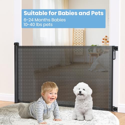 HAMOPY Retractable Baby Gate, 33" Tall, Extends up to 55" Baby Gates Extra Wide, Mesh Gates for Kids or Pets with Alarm, Durable Child Safety Gate for Doorways, Hallways, Stairs, Indoor/Outdoor(Black)
