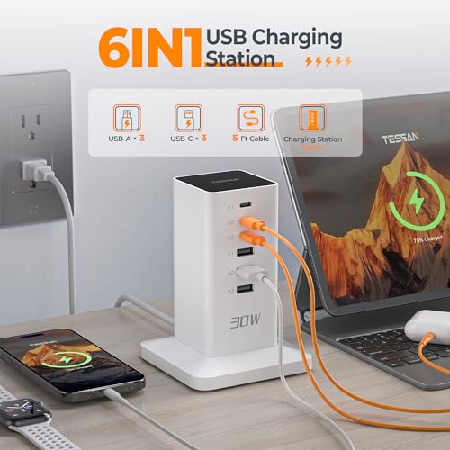 USB Charging Station 30W, TESSAN USB C Charger Block for Multiple Devices, Charging Hub with 6 USB Ports, Tower Charging Blocks for iPhone 14/15, Tablet, Earphone, Office Home Dorm Room Accessories