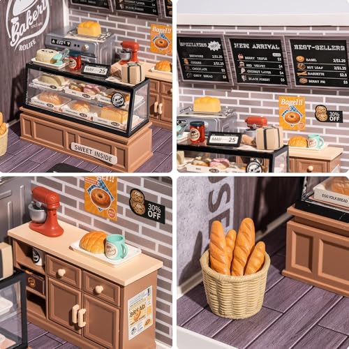 Rolife LED Building Blocks for Adults,1:24 Toy Building Sets,Model Building Kits for Kids Ages 8-12-15,DIY Miniature Dollhouse Kits for Adults,Hobbies for Women Men (1.Golden Wheat Bakery)