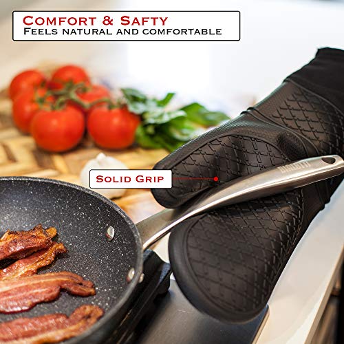 EHOMEA2Z Silicone Oven Mitts Pot Holders Heat Resistant Extra Long 2 Pcs Kitchen Cooking BBQ Black (14.5, Black)