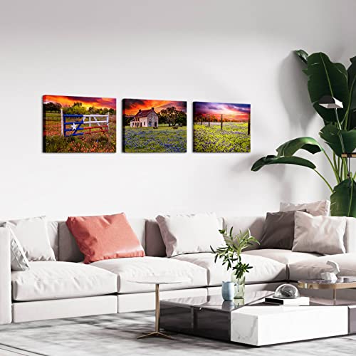 OuElegent Texas Farm Canvas Wall Art Bluebonnet Field Prints Farmhouse Landscape Painting Pictures for Living Room Kitchen Bedroom Office Home Decor Ready to Hang 3 Panels (small)