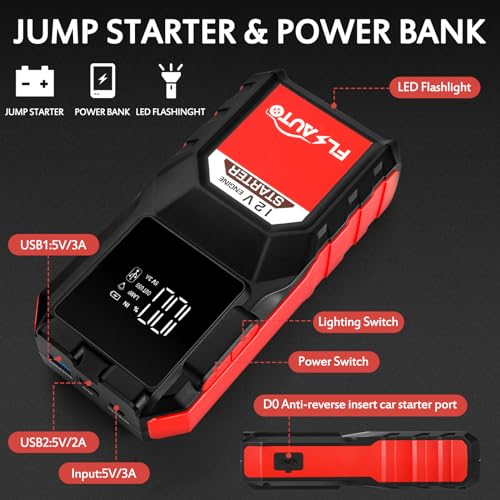 3000A Jump Starter Battery Pack,Portable Car Jumper Starter for up to 8L Gas&6.0L Diesel Engines,12V Auto Battery Booster with Smart Charging Port, LCD Display, Intelligent Jumper Clamps