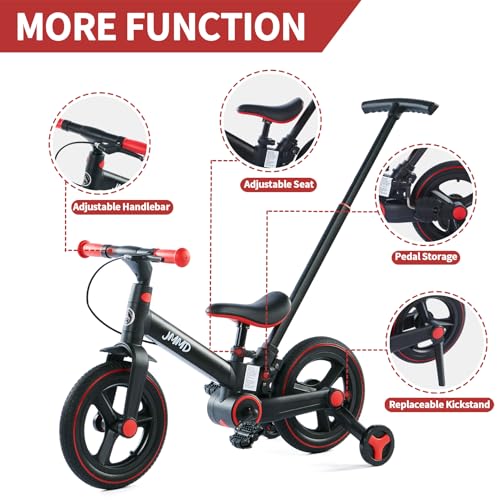 JMMD Toddler Bike with Push Handle for Kids 18 Months-5 Years, 6 in 1 Push Bike with Training Wheels & Pedals, Balance Bike for Boys and Girls with Brakes & Kickstand, Black