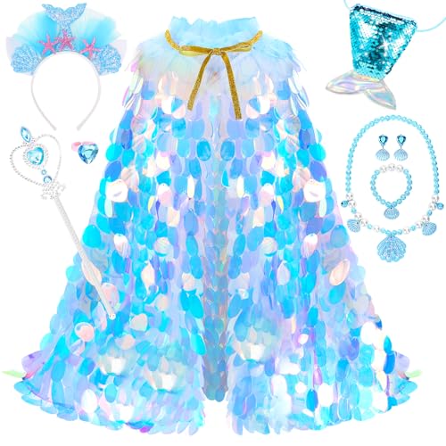 LIMIROLER Princess Dress Up Toys Princess Dress Up Clothes Rainbow Mermaid Cape Kit 9 Pcs Gift Set for Little Girls 3-8 Years Old, Great Gift Set for Birthday Christmas Halloween (Rainbow Blue)