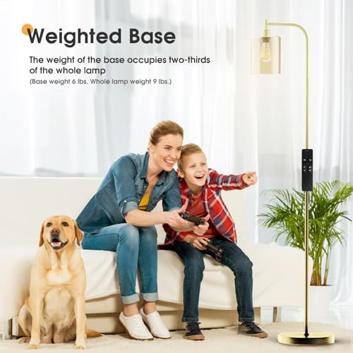 PAZZO LED Floor Lamp, Industrial Standing Lamp with Glass Lampshade, Ideal for Living Room, Bedroom, and Office,Gold(Includes Remote Control)