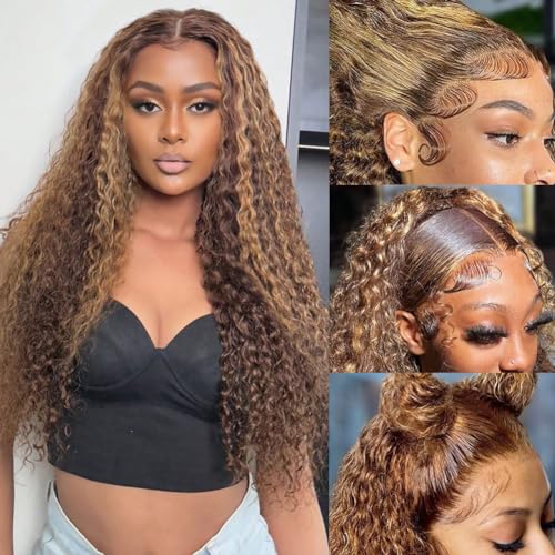 ZANPAL 4/27 Highlight Lace Front Wig Human Hair 18 Inch Honey Blonde Curly Human Hair Wig 180 Density 13x4 Hd Transparent Frontal Wig Ombre Deep Curly Wig For Black Women Pre Plucked With Baby Hair