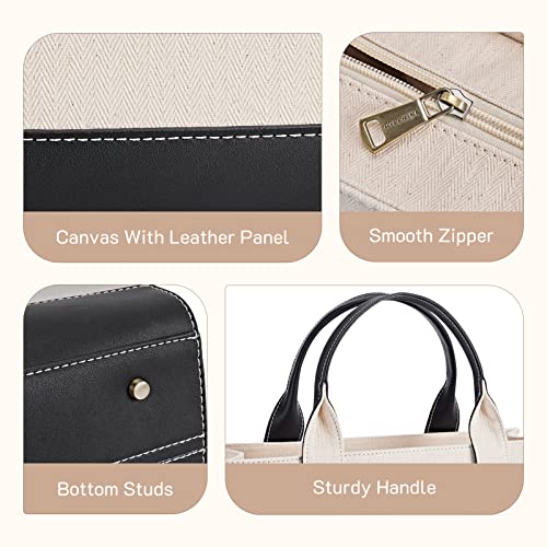 Missnine Tote Bag Canvas Laptop Bag 15.6 inch Briefcase for Women Large Capacity Handbag for Office, College, Travel (Black+Beige)