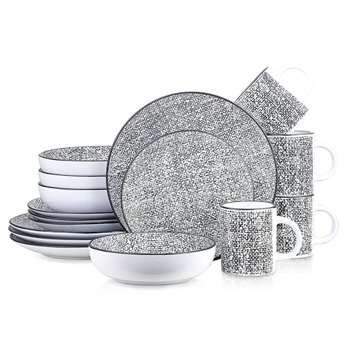 Stone Lain Sophie Rustic Stoneware Dinnerware Service for 4, Black and White Textured, 16 Pieces