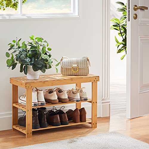 Pipishell 3 Tier Bamboo Shoe Rack Bench - Sturdy Organizer Holds up to 300lbs for Entryway, Bedroom, Living Room, Balcony