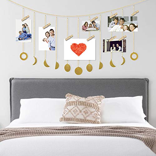 EEEKit Hanging Photo Display, Moon Garland with Chains & 20 Wood Clips, DIY Picture Frames Collage Photo Wall Display for Home Office Xmas Bedroom College Dorm Room Decoration, Ideal Girls Gift, Gold
