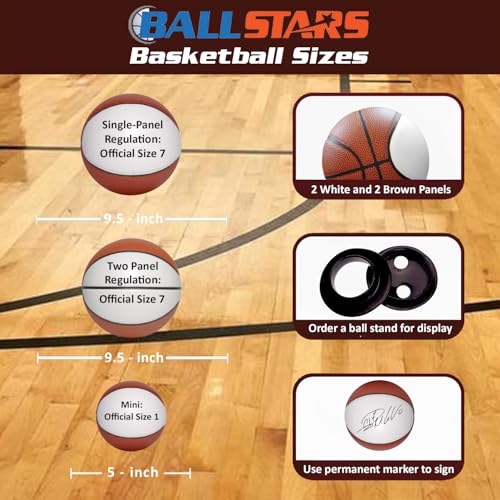Autograph Blank Regulation Size Basketball with Base | Official Size 7 | Basketball Trophy for Signing with Two Large White and 6 Brown Panels