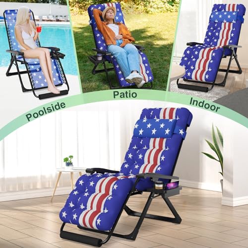 Suteck Zero Gravity Chair, 26In Lounge Chair w/Removable Cushion & Headrest, Upgraded Lock, Large Cup Holder&Footrest, Reclining Patio Chairs Recliner for Indoor Outdoor, American Flag