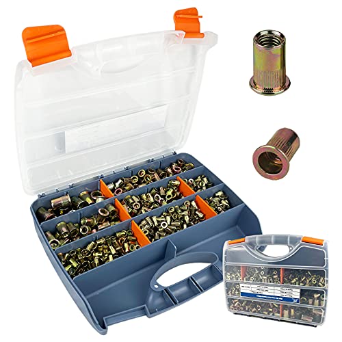 TR TOOLROCK 860pcs Rivet Nut Kit, Metric Rivet Nuts Assortment M3 M4 M5 M6 M8 M10 M12, Zinc Plated Finish, Carbon Steel Flat Head Insert Threaded Rivet Nut Tool Kit with Case