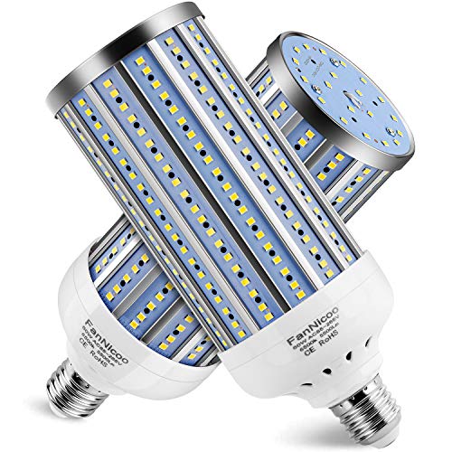 FanNicoo 2 Pack 500W Equivalent LED Corn Light Bulb 5500 Lumen 6500K 60W Large Area Cool Daylight White E26/E27 Medium Base for Outdoor Indoor Garage Warehouse Factory Workshop Street Backyard