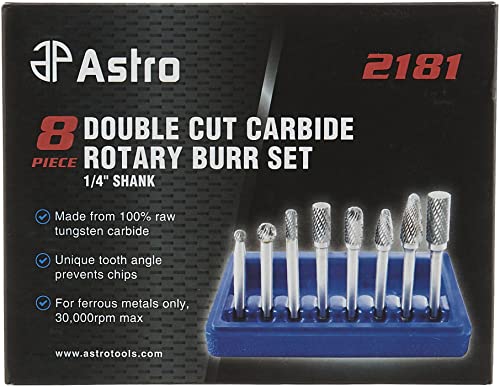 Astro Pneumatic Tool 2181 8-Piece Double Cut Carbide Rotary Burr Set 1/4" Shank in Blow Molded Case