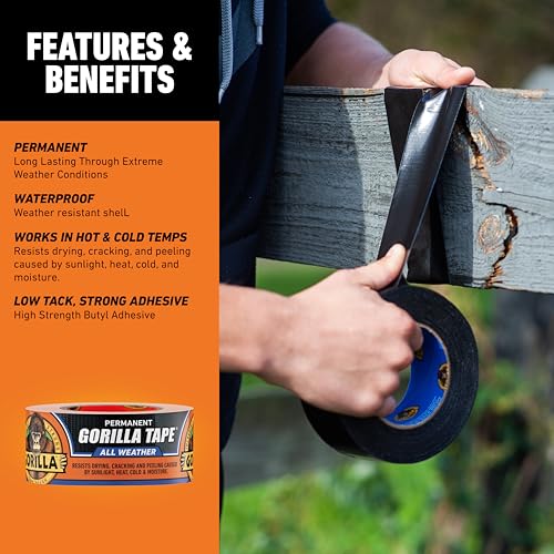 Gorilla All Weather Duct Tape, Black, 1.88" x 25 yd (Pack of 1) - UV and Temperature Resistant Waterproof Tape for Outdoor Repairs