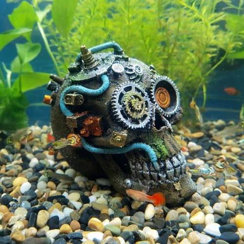 RVQIGYP Aquarium Decoration Creative Fish Tank Decoration Machine Skeleton Decoration Fish and Shrimp Dodge House Beta Fish Tank Decoration Halloween Skeleton (Mechanical Skull)